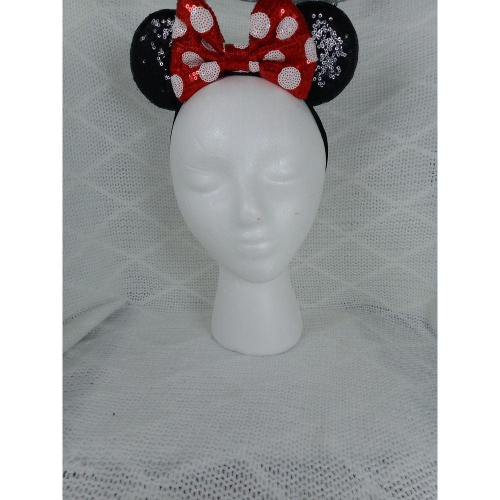 Sequin Mouse Ears Headband Baby Red Black Polka Dot Bow Good Preowned